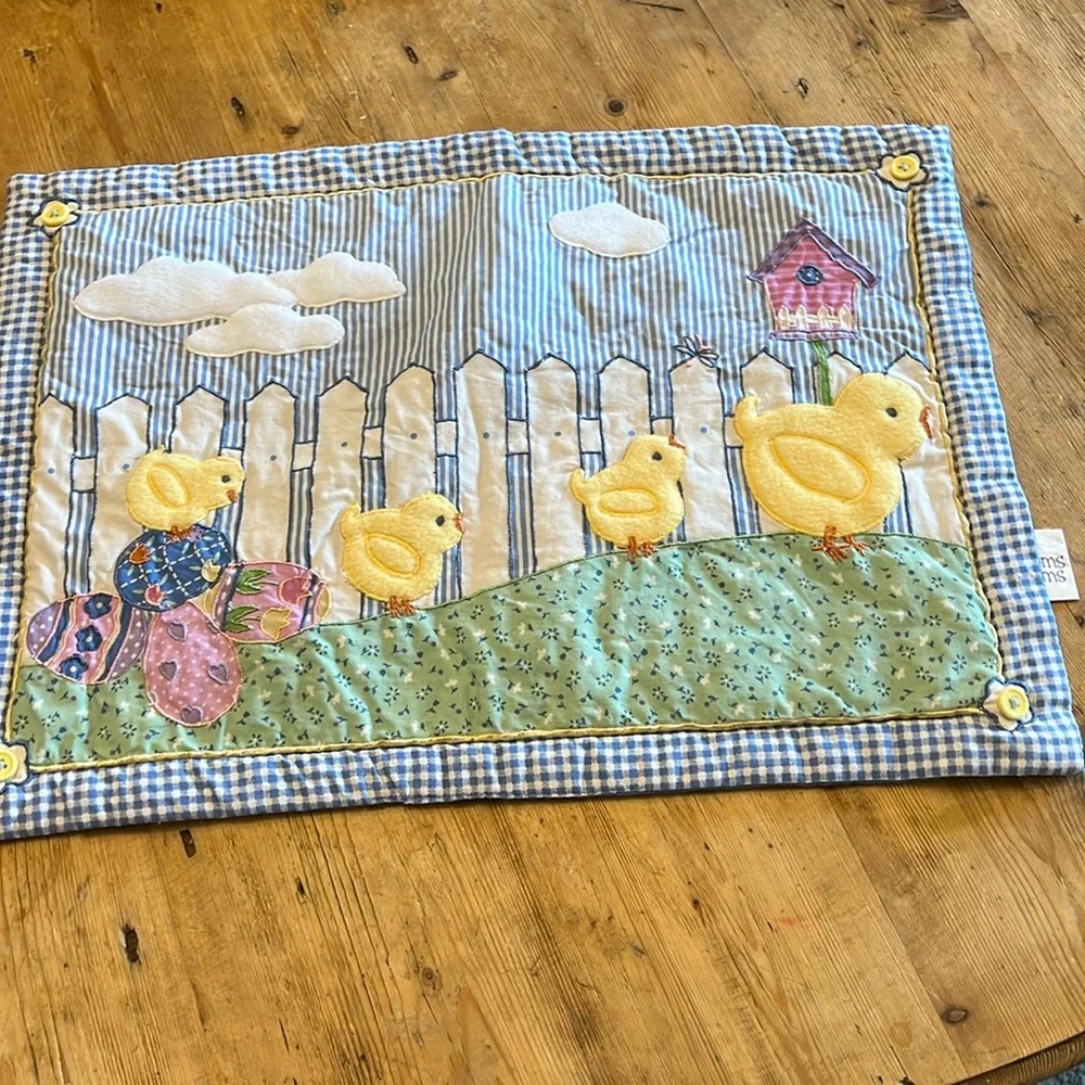 Placemats Blossoms & Blooms Springtime Easter  Appliquéd Blue Gingham Chicks